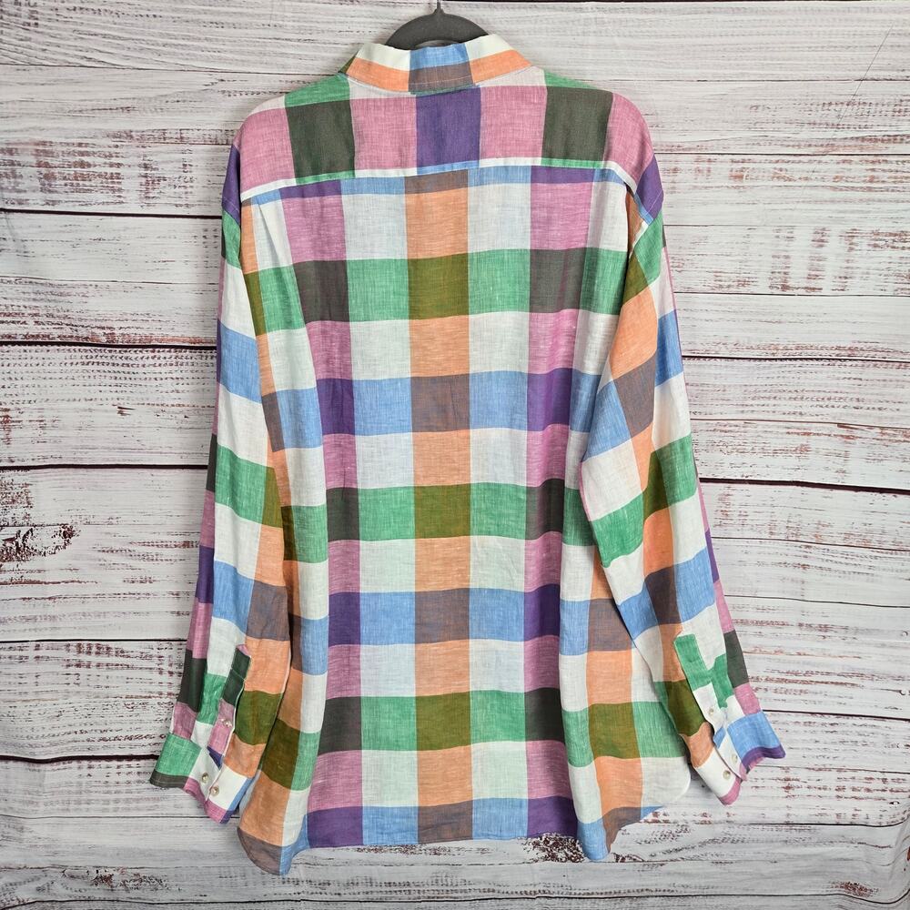 Paul Fredrick Pure Linen Classic Button Shirt 2XLT Vibrant Multi Rainbow Check - Picture 2 of 7